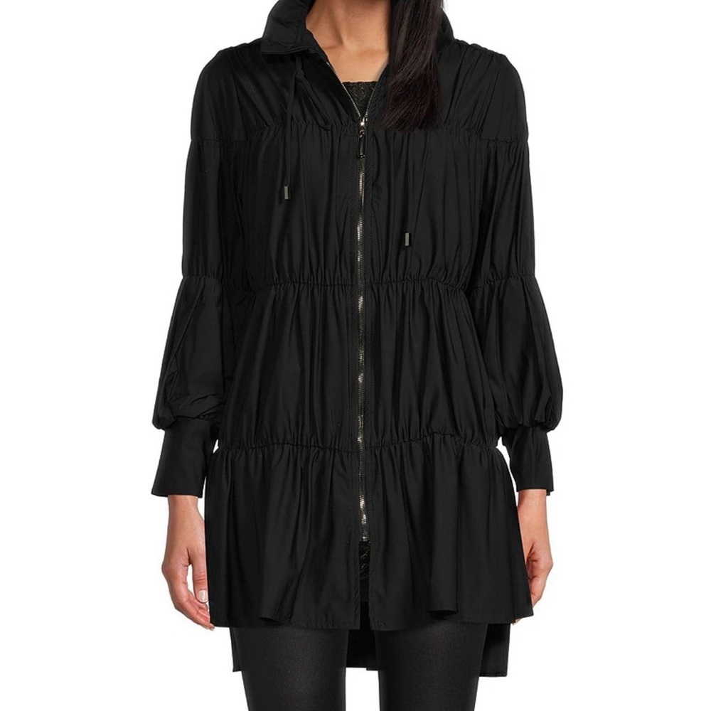 IC Collection Puff Sleeve Tech Nylon Tiered Zip Front Jacket
